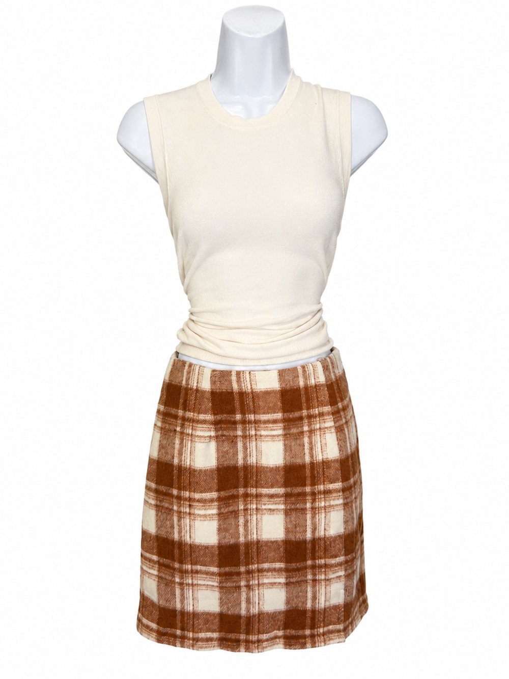 Potter’s Pot Brown Cream Plaid Fleece Mini Skirt Size S Y2K Preppy